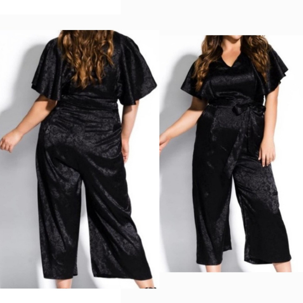 City‎ Chic Jumpsuit Wide Cropped Leg Flutter Sleeve Tie  Black Floral Jacquard